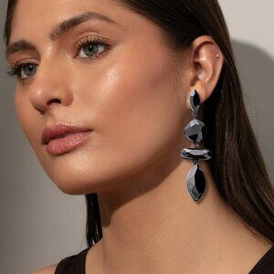Ebony Black Crystal Bling Glam Tiered Drop Statement Earrings NEW